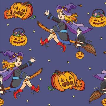 Seamless pattern with witch and Halloween theme Illustrazione stock