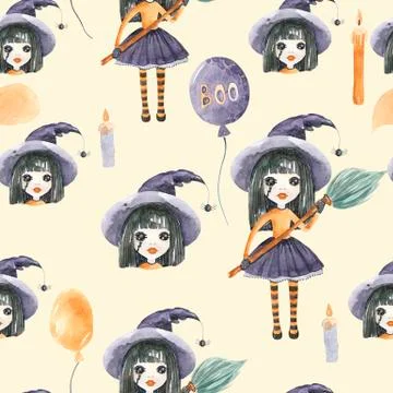 Seamless pattern of a Witch with a broom on an orange background Watercolor hand Stock Illustration