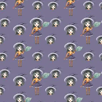 Seamless pattern of a Witch with a broom on an purple background Watercolor hand Stock Illustration