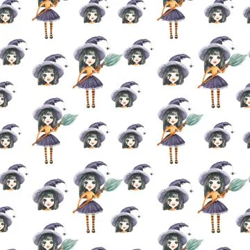 Seamless pattern of a Witch with a broom on a white background Watercolor hand Stock Illustration