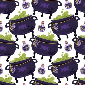 Seamless Pattern with Witch Cauldron and Magic Potion Seamless Pattern Illustrazione stock