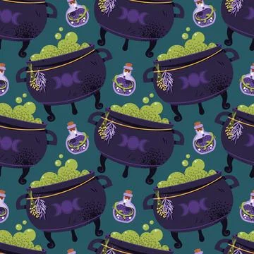Seamless Pattern with Witch Cauldron and Magic Potion Seamless Pattern Illustrazione stock