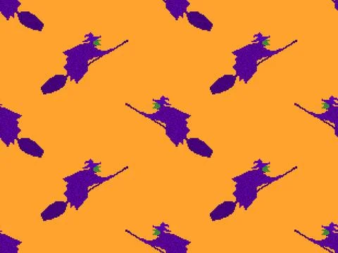 Seamless pattern with witch is flying on a broom in pixel art style. Flying w Stock Illustration