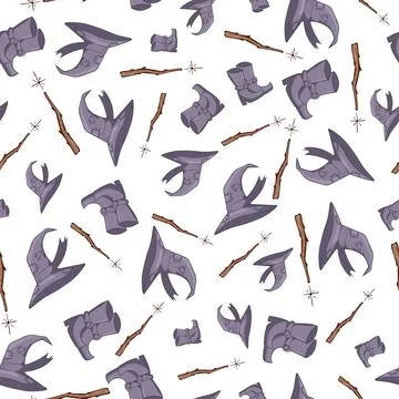A seamless pattern of witch hat, boots and a half-legged stick on a light Stock Illustration
