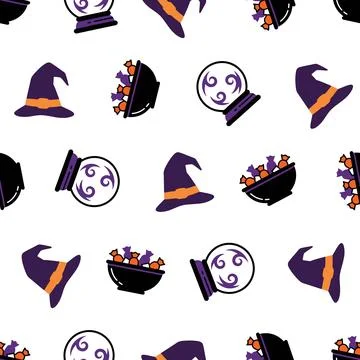 Seamless pattern with witch hats crystal balls and candy bowls for Hallowee.. Stock Illustration