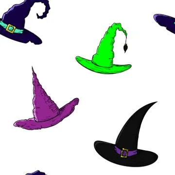 Seamless pattern of witch hats. Vector cartoon background. Hand-drawn. Stock Illustration
