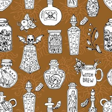 Seamless pattern with witch magic bottles and brew drink with potion Illustrazione stock