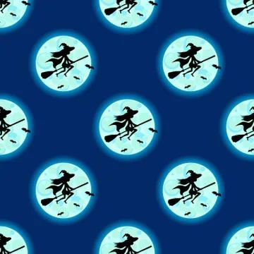 Seamless pattern witch silhouette  hat flying on broom. Vector  halloween Stock Illustration