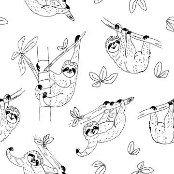Seamless pattern witch sloth bear in doodle  style,vector Stock Illustration