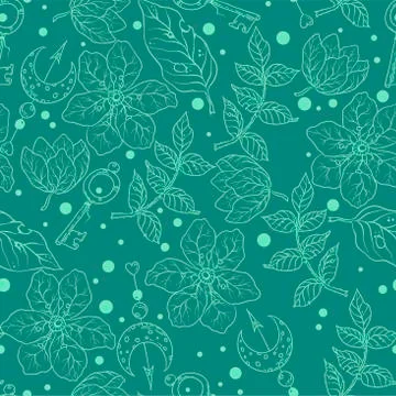 Seamless Pattern with witchcraft elements in vector illustration with floral Stock Illustration