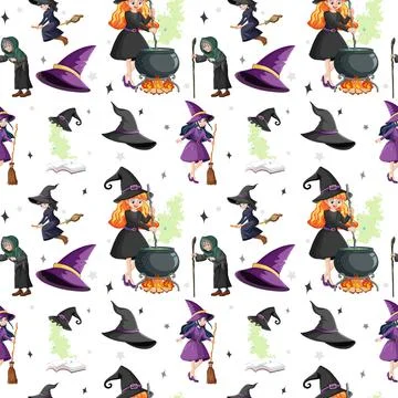 Seamless pattern with witches and elements Stock Illustration