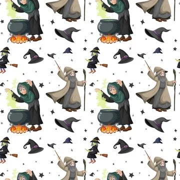 Seamless pattern with witches and elements Stock Illustration