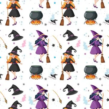 Seamless pattern with witches and elements Stock Illustration