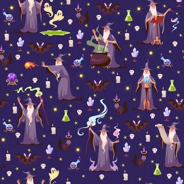 Seamless pattern with witches and magic. Wizard with potion or casts spells Stock Illustration