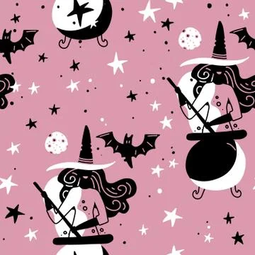 Seamless pattern with witches with cauldron, moon and bat. Simple silhouette  イラスト素材