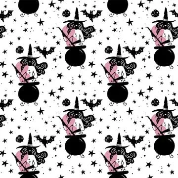 Seamless pattern with witches making a magic potion in cauldron. stars andmoo Stock Illustration