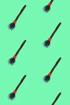 Seamless pattern with witch's broom. Halloween illustration. Brown and orange Stock Illustration