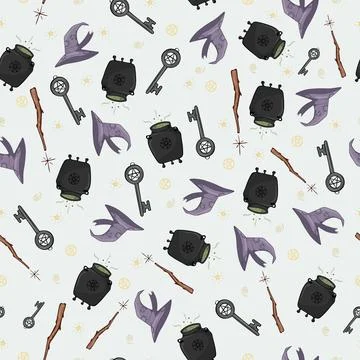 Seamless pattern with witchs cauldron, witch hat, magic stick and Halloween Stock Illustration