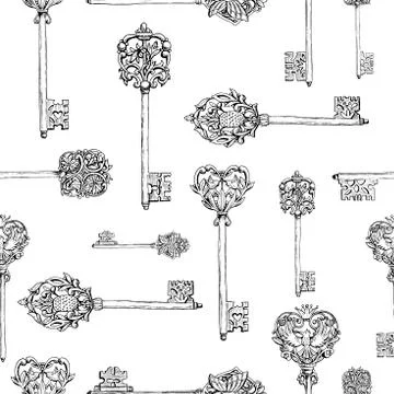 Seamless pattern withhand drawn antique keys. vintage keys with floral elements Stock Illustration