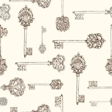 Seamless pattern withhand drawn antique keys. vintage keys with floral elements Illustrazione stock