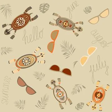 Seamless pattern without background colorful sea turtles and sunglasses 스톡 일러스트