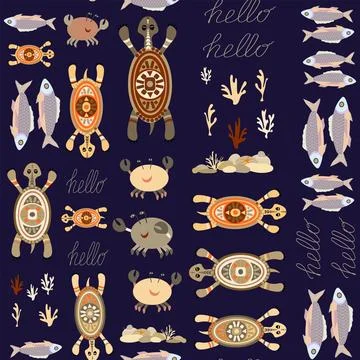 Seamless pattern without background with colorful fish, crabs and turtles 스톡 일러스트