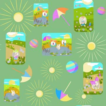 Seamless pattern without background rabbits sunbathing in the sun by the lake Stock Illustration
