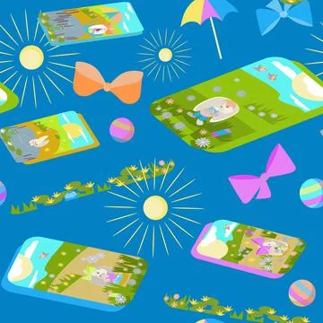 Seamless pattern without background rabbits sunbathing in the sun by the lake Stock Illustration