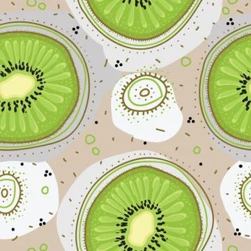 Seamless pattern witn kiwi fruit, dots and circles. Hand drawn style Stock Illustration