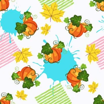 Seamless pattern witn pumpkin, paint splash and fall leaves Stock Illustration