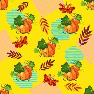 Seamless pattern witn pumpkin on the yellow background Stock Illustration