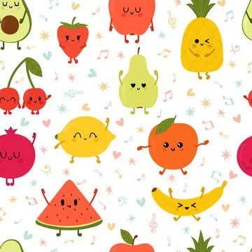 Seamless pattern wiyh dancing fruits. Cute hand drawn kawaii fruits. Health.. Stock Illustration