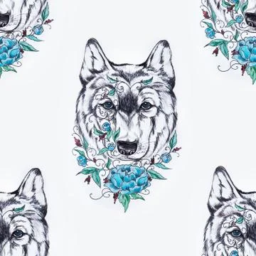 Seamless pattern of a wolf head with a flower on a white background. Stock Illustration