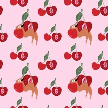 Seamless Pattern with Woman and Cherry Symbolizing Vulva. Stock-Illustration
