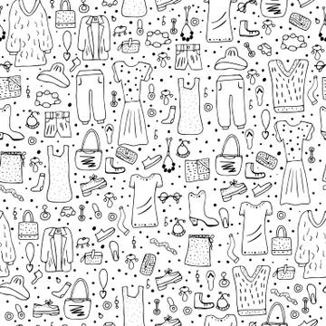 Seamless pattern of woman clothes and accessories set in doodle style. endlee Stockillustratie