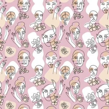 Seamless pattern with woman faces, cherry flowers and abstract shapes on light Stock Illustration