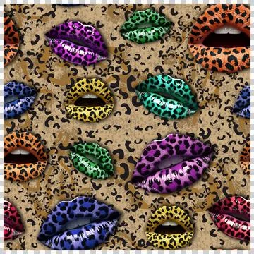 Seamless pattern with woman lips in leopard skin texture. Wild animals 스톡 일러스트