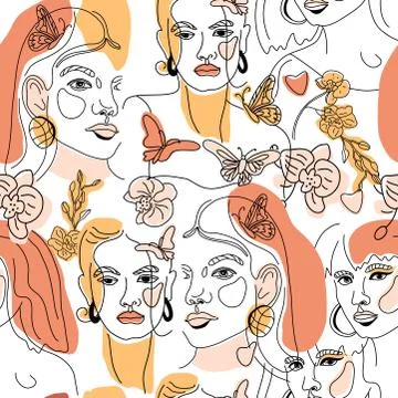 Seamless Pattern of Womans Face Minimal Line Style ol-line drawing. Abstract Stock Illustration
