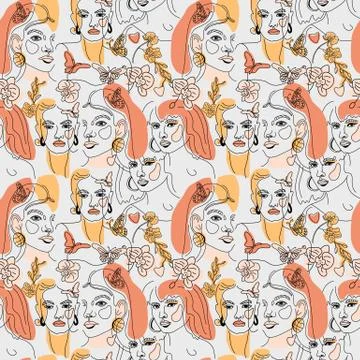 Seamless Pattern of Womans Face Minimal Line Style ol-line drawing. Abstract Stock Illustration