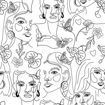 Seamless Pattern of Womans Face Minimal Line Style ol-line drawing. Abstract Stock Illustration