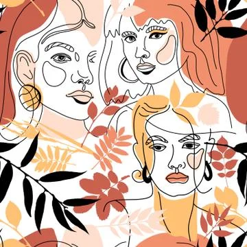 Seamless Pattern of Womans Face Minimal Line Style ol-line drawing. Abstract Stock Illustration