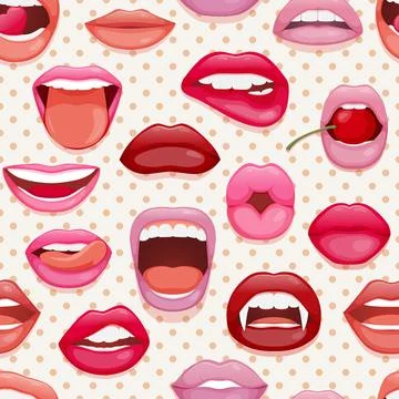 Seamless pattern with womans lips. Glossy smiling mouth that kiss and show .. Stock Illustration