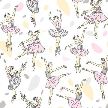 Seamless pattern. Women ballet dancer set of continuous line drawing in pink  Stock Illustration