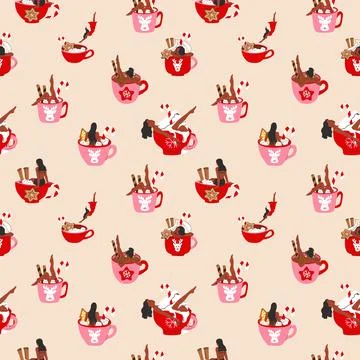 Seamless pattern with women is bathing in a cute holiday mug Illustrazione stock