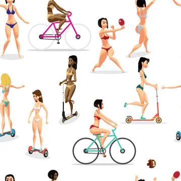 Seamless pattern with women in bikini engaged in summer sports o Stock Illustration