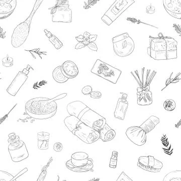 Seamless pattern women's body care. Bath accessories, massage, spa, aromatherapy Stock Illustration