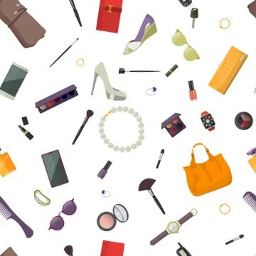 Seamless pattern of women's items and accessories. Stock Illustration