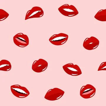 Seamless pattern of women's lips with red lipstick on a pink background Stock Illustration