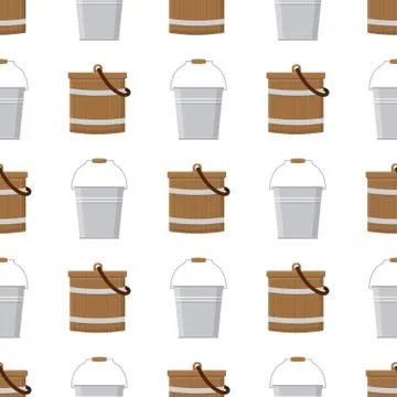 Seamless pattern with wooden and tin buckets empty or with water on white bac Stock-Illustration
