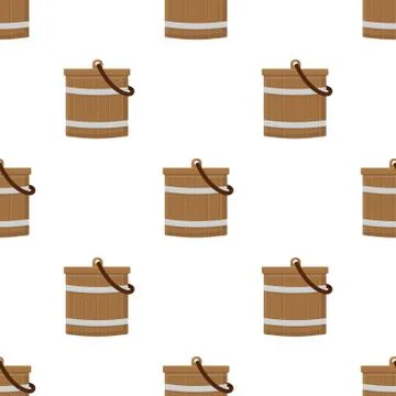 Seamless pattern with wooden bucket empty or with water on white background.  Stock Illustration